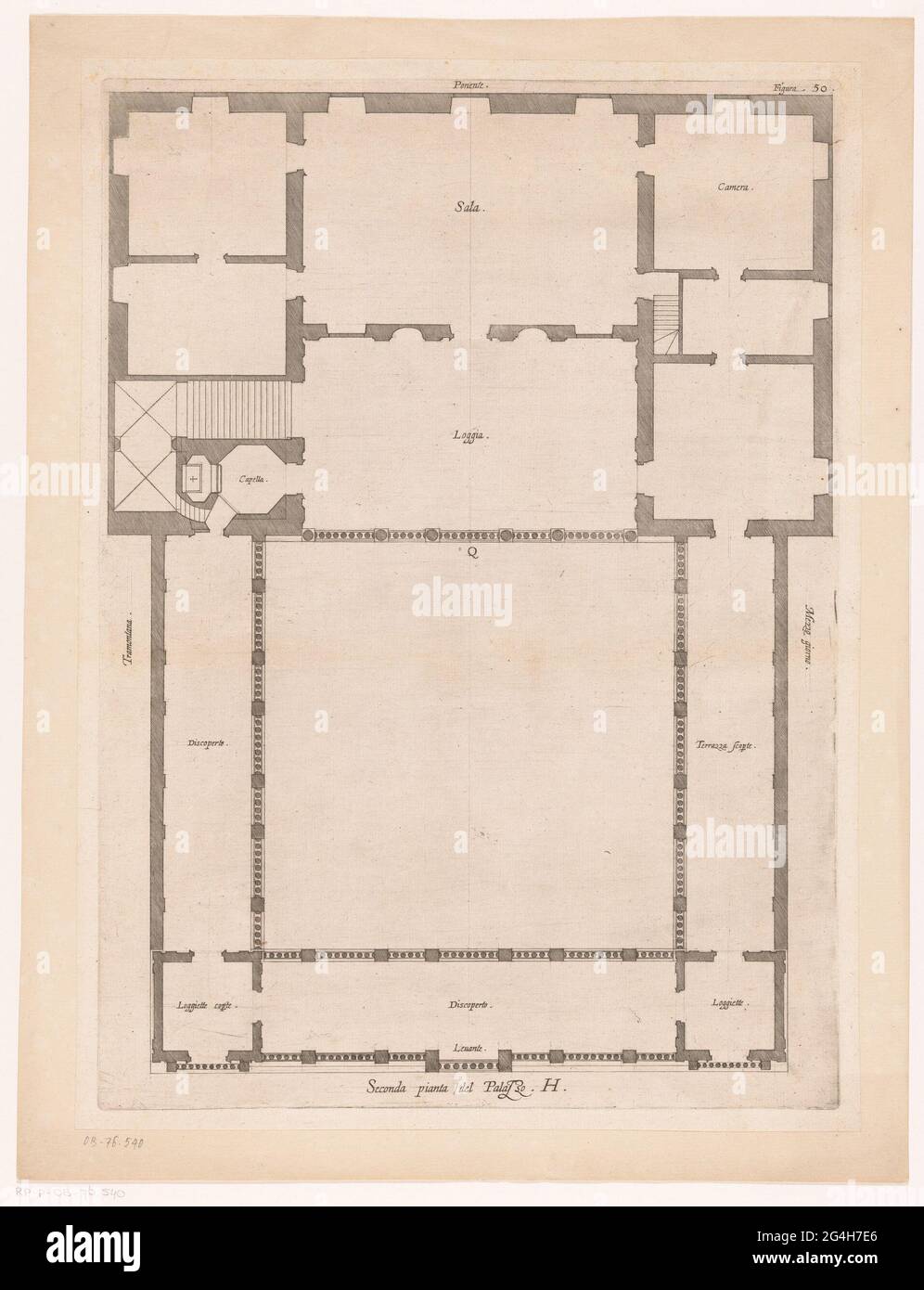 Pianta del primo piano di Villa Grimaldi-Sauli a Genova; secondo impianto dell'edificio. H.; edifici di Genova / palazzi antichi. Con spiegazione in italiano. Foto Stock