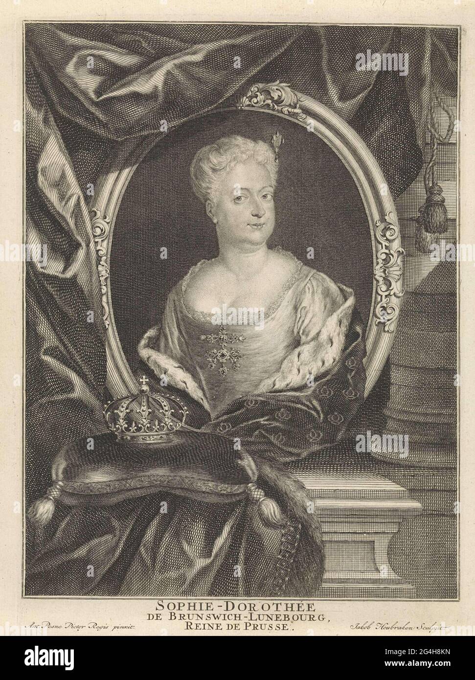 . Ritratto della Regina Prussiana-Galin Sophia Dorotea di Hannover, in un medaglione ovale che poggia su una spiaggetta su cui un baci con una corona. Foto Stock