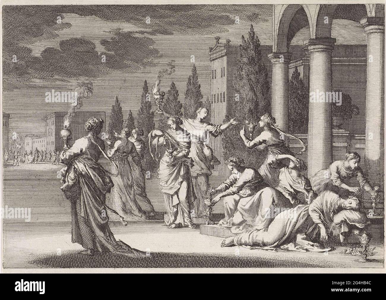 . In primo piano il cinque senso e le cinque vergini stolti. Le cinque vergini sagge hanno acceso le loro lampade ad olio e camminando verso lo sposo in background. Le cinque vergini sciocco stanno dormendo o stanno cercando di accendere le loro lampade a olio vuote. Foto Stock