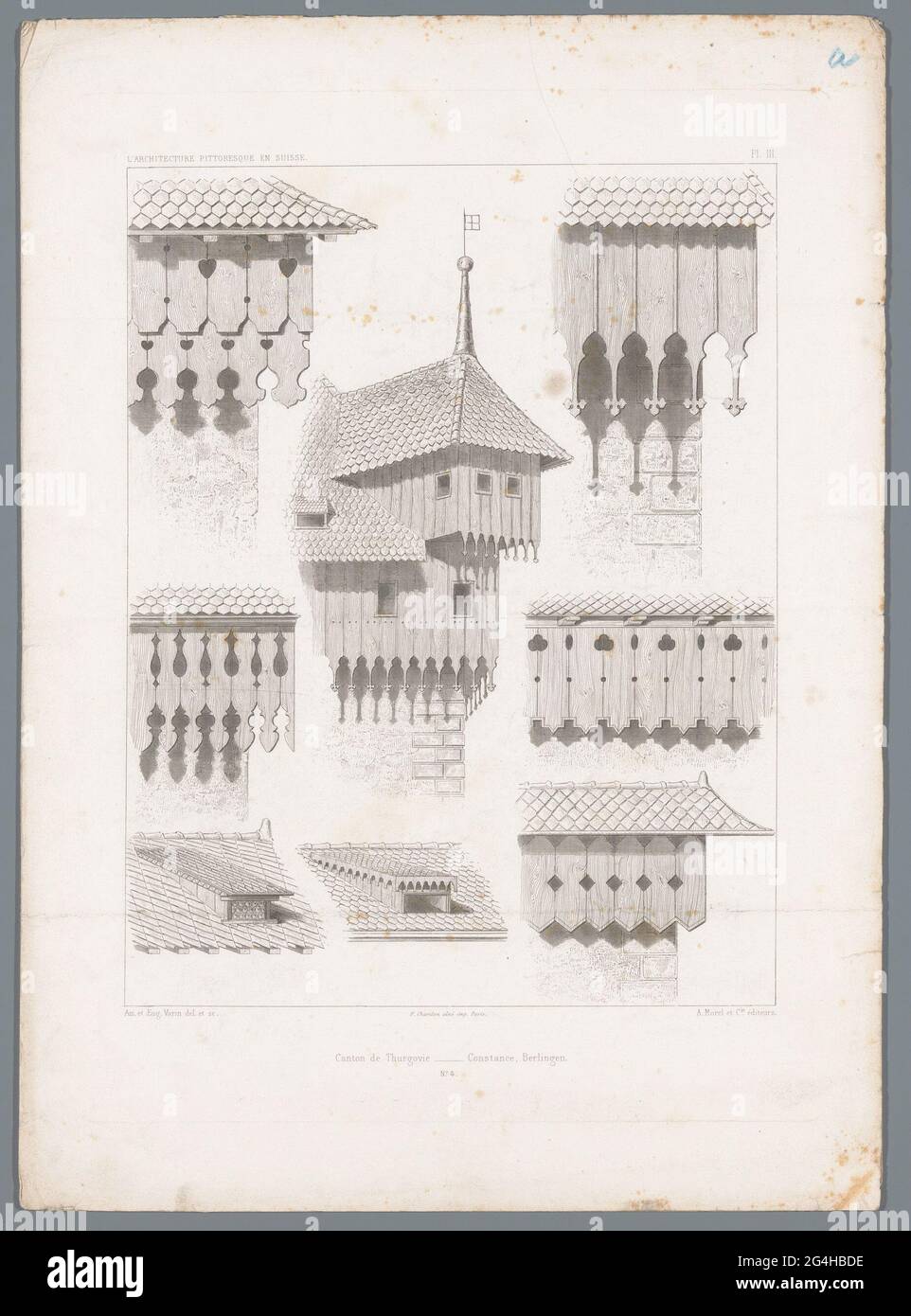 Otto facce su dettagli decorativi lungo i tetti di una casa nel Cantone di Turgovia; Cantone di Turgovia - Costanza, Berlingen.; l'architettura Pittoresque e Suisse ou Choix De Constructions Rustiques (...). Numerato al centro: N. 4. Fa parte di una cartella con quattro stampe. Foto Stock