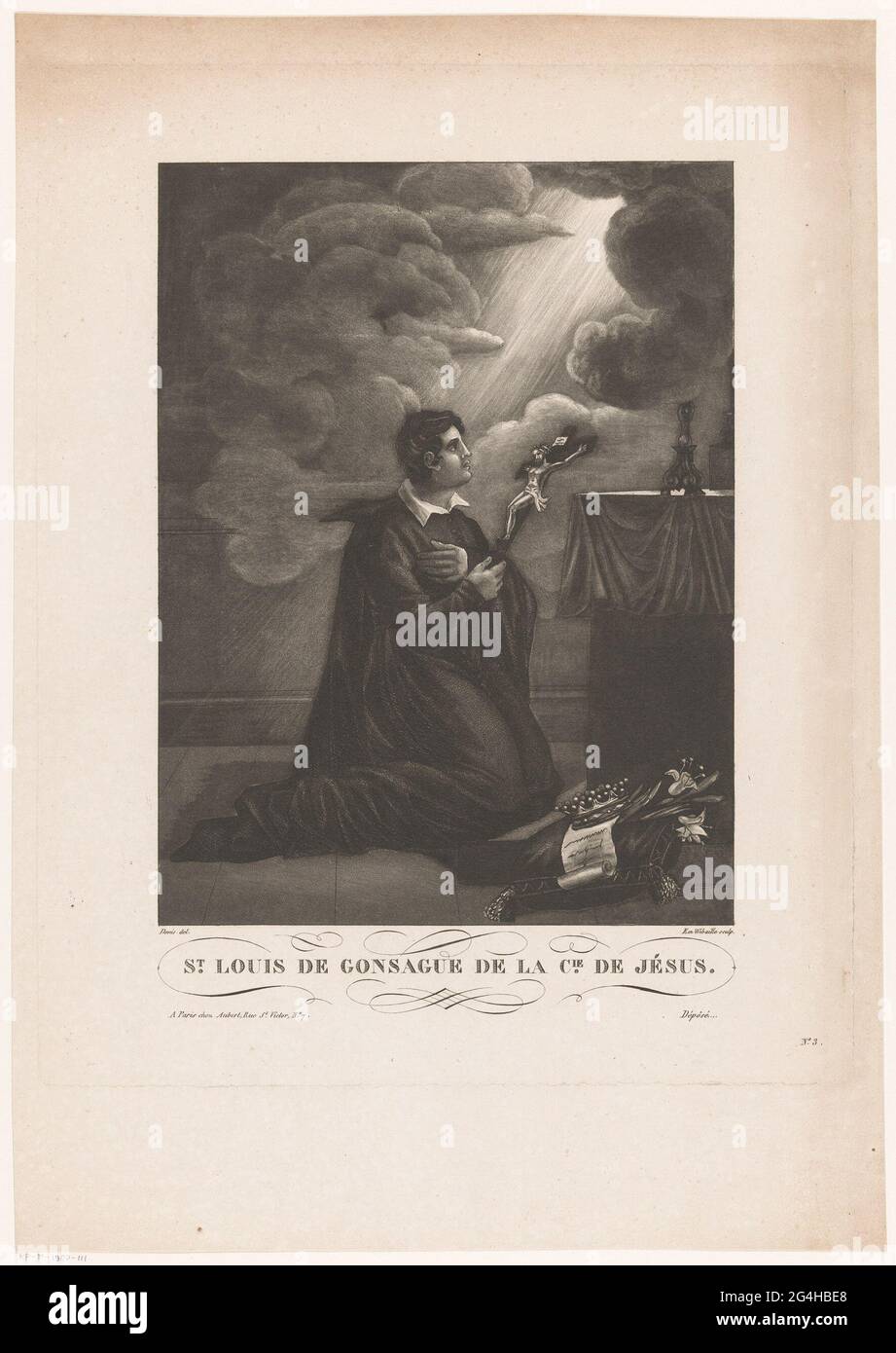 Il Santo Aloysius Gonzaga, inginocchiato ad un altare; San Luigi di Gonzague de la Cie. De Jésus .. Numerato in basso a destra: N. 3. Foto Stock