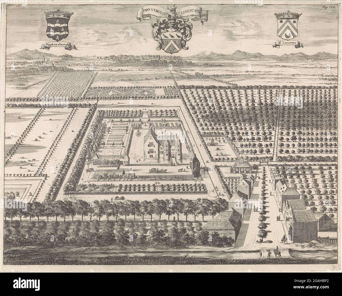 . Vista del castello Popkensburg a Sint Laurens su Walcheren, in una prospettiva più breve. Al centro il castello, intorno ad esso i giardini e frutteti. In alto a sinistra lo stemma di Popkensburg, al centro l'arma del proprietario Johan Boudaen Courten, in alto a destra lo stemma di Sint Laurens. Sotto etichetta: Pag. 668. Foto Stock
