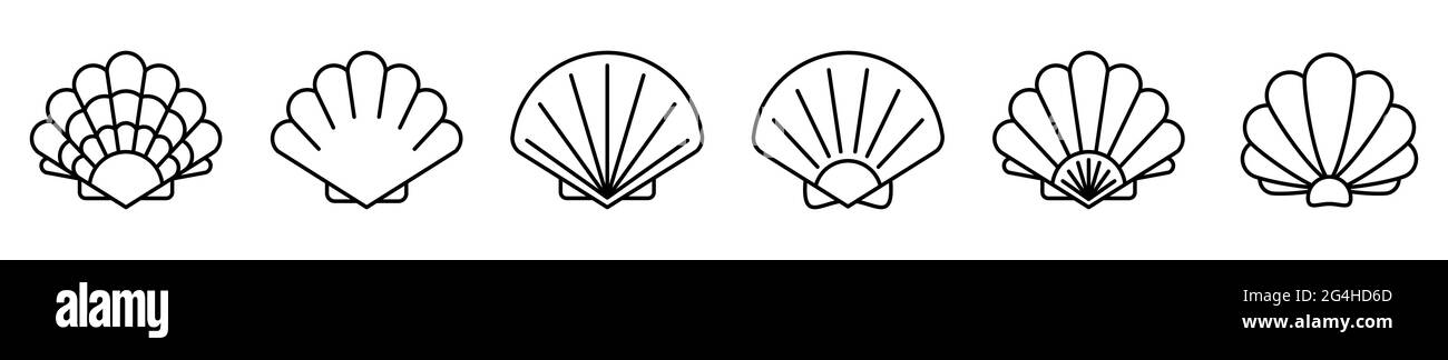 Icona della conchiglia del mare. Set di icone di shell perlate lineari. Illustrazione vettoriale. Icone vettoriali di shell. Icone di conchiglia marina lineare nere Illustrazione Vettoriale