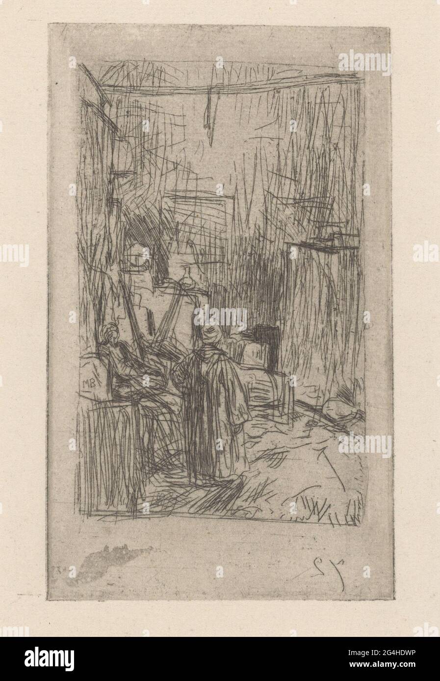 Bazaar a Damasco. Un uomo cammina davanti a un mercante in un bazar a Damasco. Il numero 72 è stampato in immagine speculare nella parte inferiore. Foto Stock