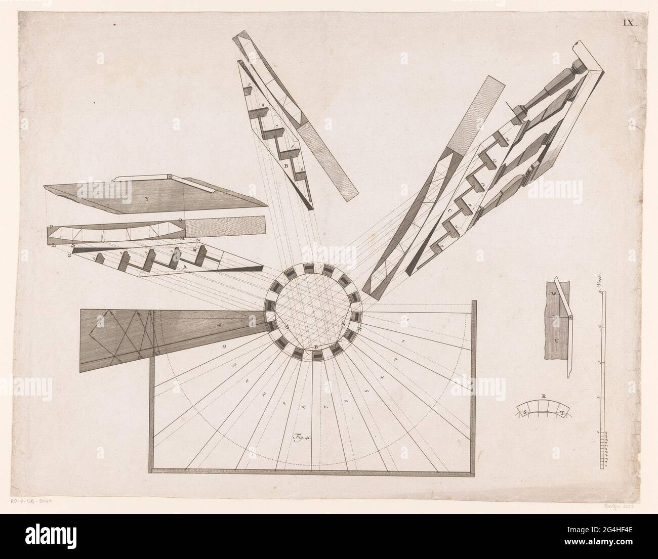 Disegni tecnici delle scale; Theatrum Machinarum Universal; o nuovi generalmente ingegneristici (...). Disegni tecnici di una scala a fusello (numero 40). Vista dall'alto e laterale e scala. Foto Stock