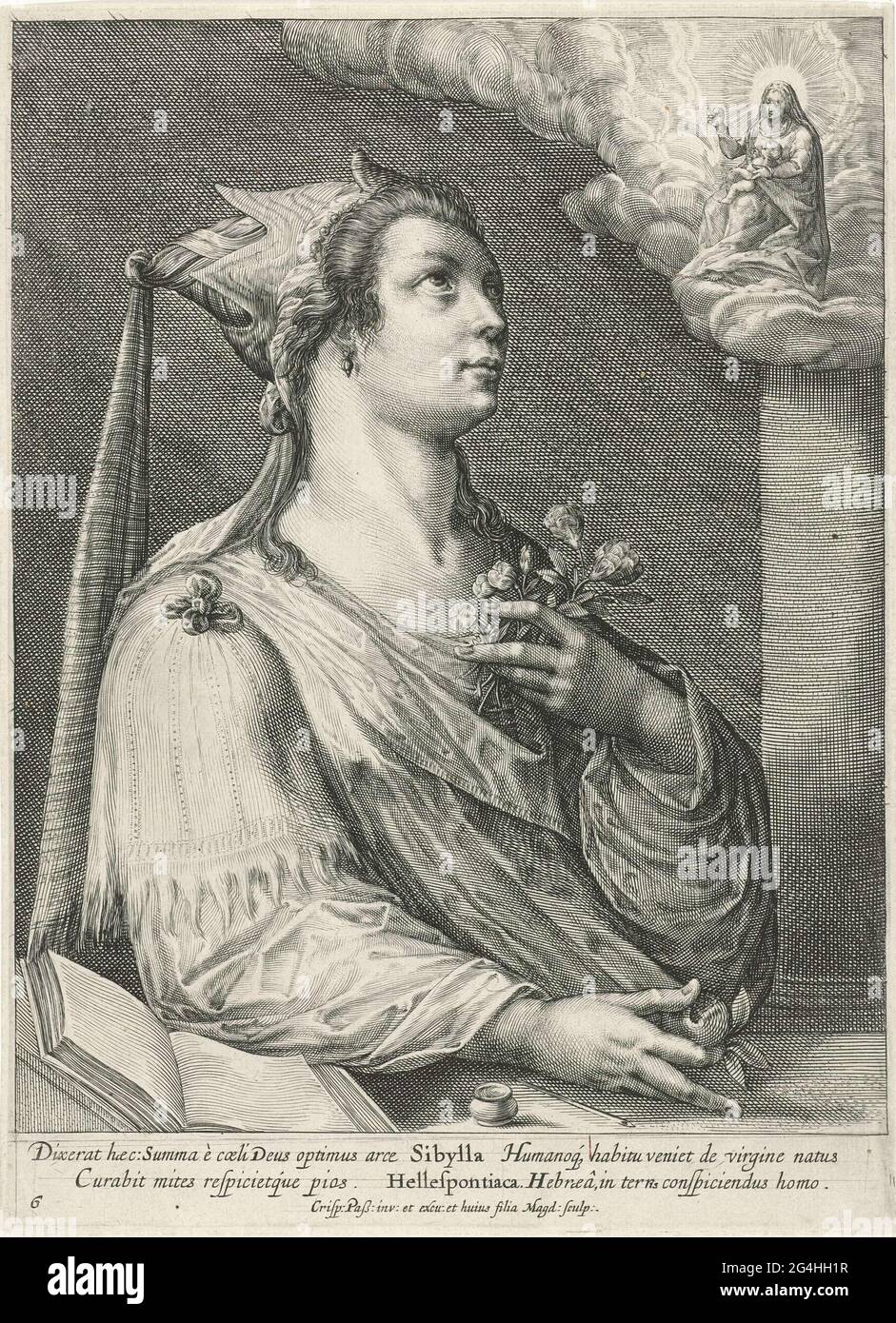. La sibilla ellespontica è seduta a un tavolo. Nella sua mano destra tiene un mazzo di fiori nella sua mano sinistra. Guarda verso il cielo dove Maria appare con il Cristo bambino. Nel margine una didascalia in latino. Stampa da una serie con siblilles. Foto Stock