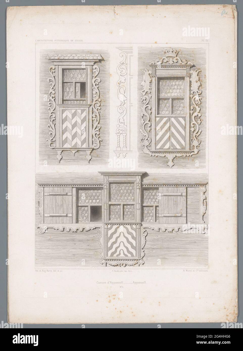 Tre facce su finestre con elementi ornamentali di una casa nel cantone di Appenzell; Canton d'Appenzell - Appenzell; l'architettura Pittoresque e Suisse ou Choix De Constructions Rustiques (...). Numerato al centro: N. 6. Fa parte di una cartella con quattro stampe. Foto Stock