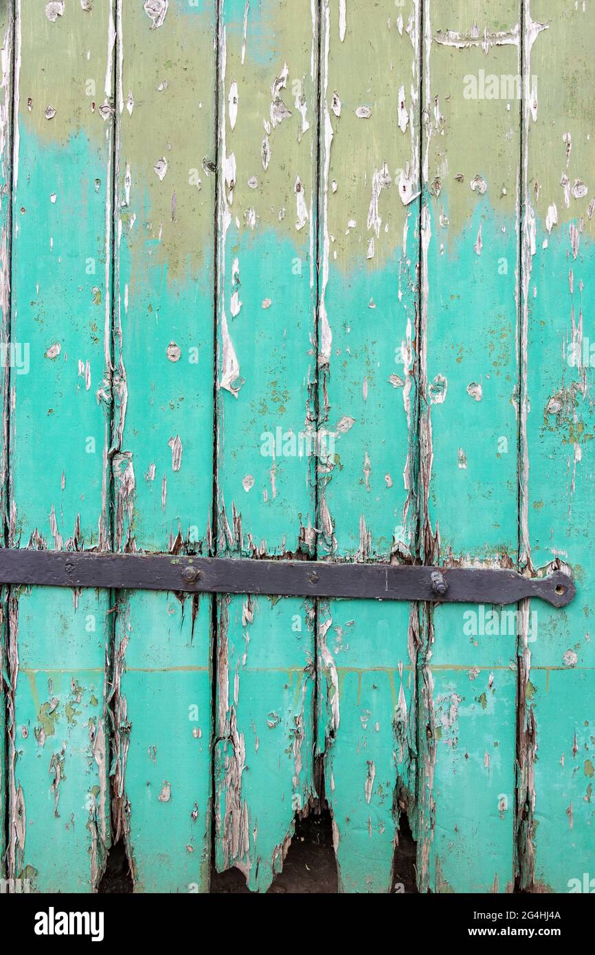 astratto rustico dipinto di verde porta fienile su una fattoria in northumberland Foto Stock