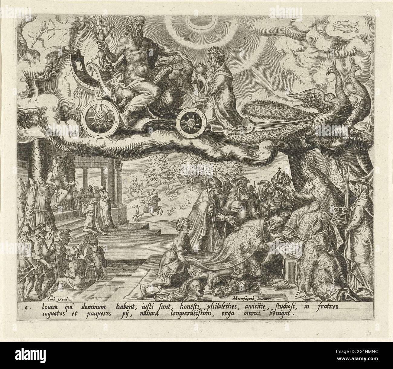 . Giove guida in macchina verso il cielo, trainato da due pavoni. I segni del Sagittario e dei pesci indicano quali persone appartengono alla sfera di Giove. Le persone che sono nate sotto questo segno zodiacale sono sovrani mondani o ecclesiastici. Un imperatore è incoronato dal papa, circondato da cardinali e vescovi. A sinistra un giudice sul suo trono. Cacciato sullo sfondo. In fondo al margine un testo in latino sui figli di Giove. Foto Stock