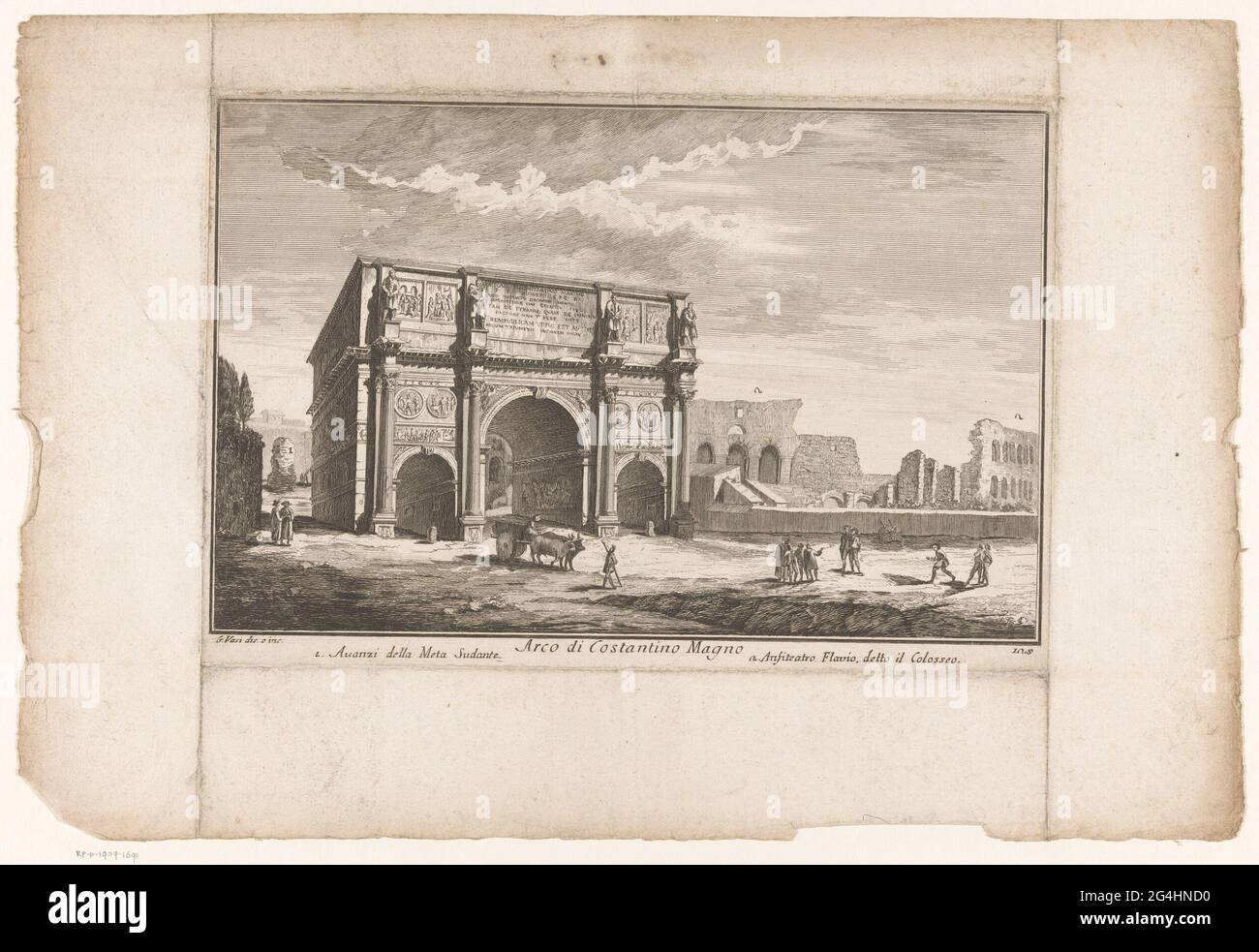 Arco di Costantino e Colosseo a Roma; Arco di Costantino Magno; delle Magnificenze di Roma Antica e moderna. Vista sul Costantijn e sull'arco del Colosseo. Numerato in basso a destra: 105. Titolo ed elenco esplicativo dei numeri in undermarge. Foto Stock