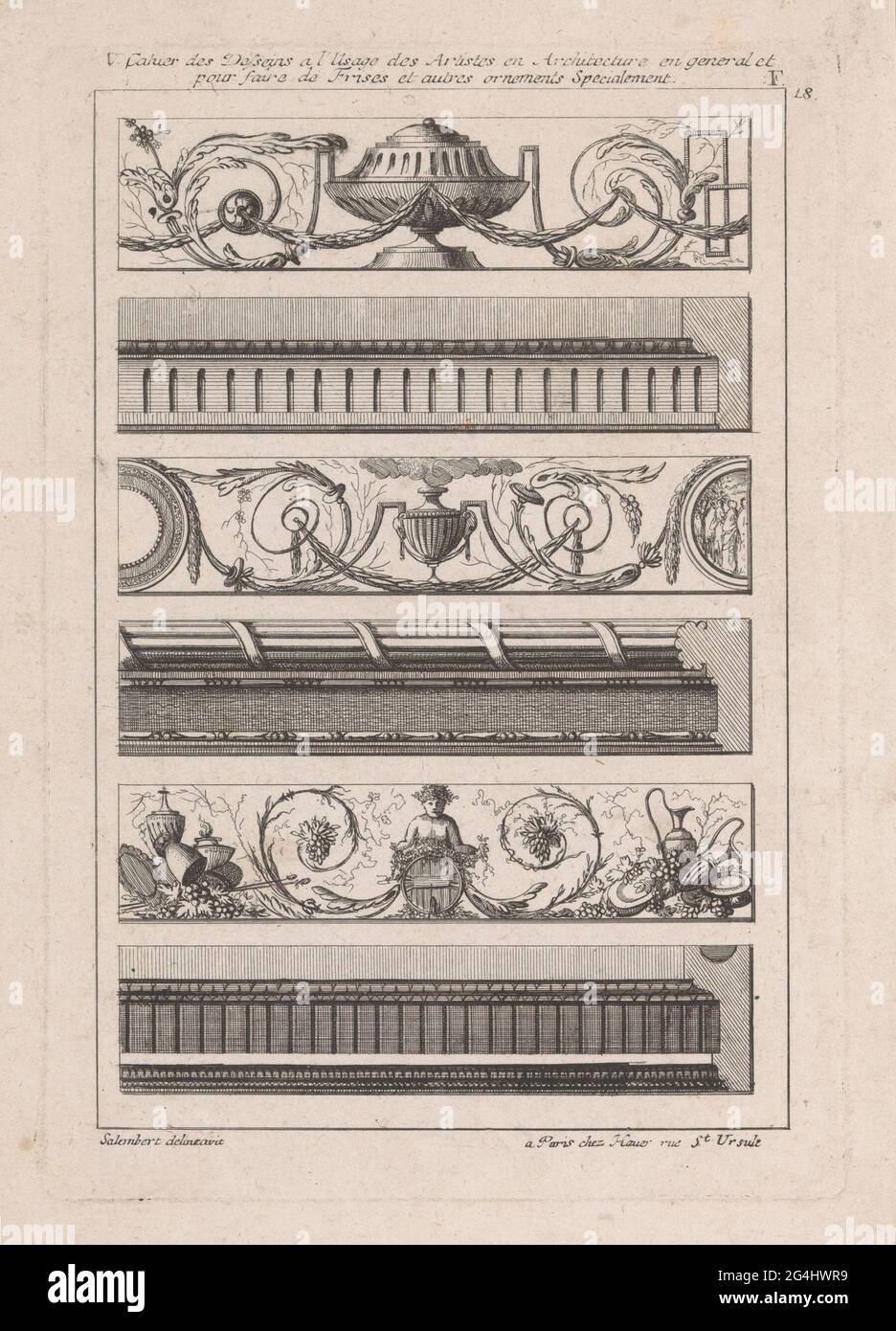 Friss con vasi e treccia; V Cahier des DESSEINS A l'Usage des Artists and Architecture and General et pour fair la specialità Frises et Autres Ornementes; Dessoints de la fashion Neuve au Gout Antique (...). Sei frisi con treccia, vasi, una lista di uova e bacco con tonnellate e viti. Foto Stock