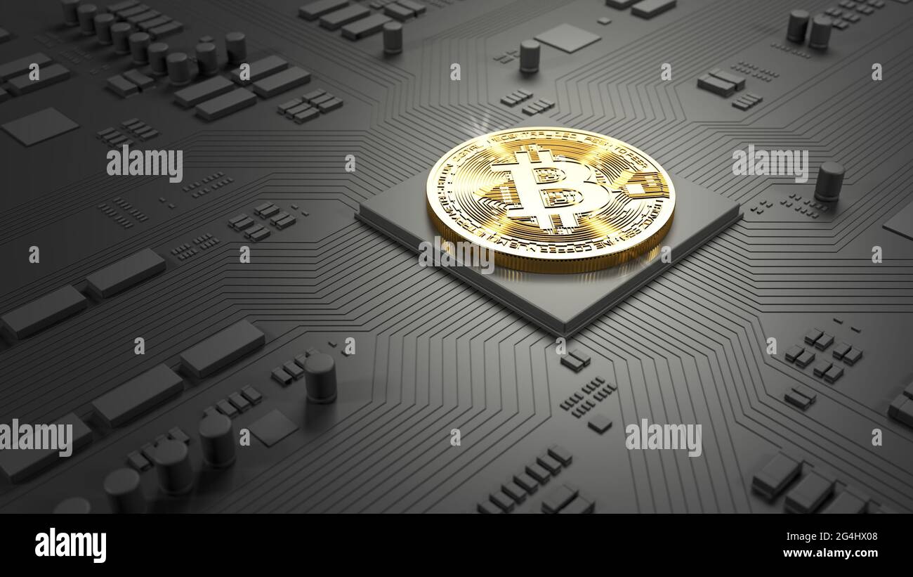 Bitcoin su un chip. Scheda a circuito stampato. Concetto di estrazione Bitcoin. Valuta virtuale. Oro e grigio scuro. illustrazione 3d. Foto Stock