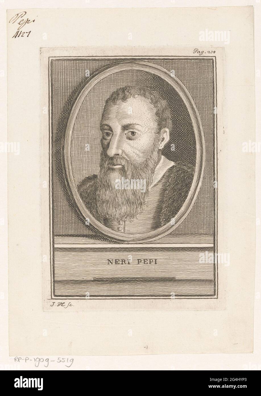 Ritratto dello scrittore Neri Pepi; Ritratti di scrittori che scrivono canzoni per Lorenzo de'Medici. Numerato in alto a destra: Pag. 234. Foto Stock