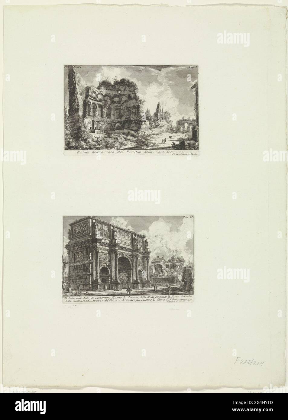 Paesaggio con ruderi e prua di Costantino a Roma; Veduta dell'avanzo del peristilo della casa neroniana (sopra); Veduta del 'Arco di Costantino Magno (sotto); reperti archeologici a Roma e dintorni; le Antichità Romane. Foglio con due rappresentazioni di edifici romani. Sopra: Paesaggio con rovine, secondo il titolo resti della casa di Nerone. Numerato in alto a sinistra: Attn. XXXVI. Numerato in alto a destra: FIG. I. titolo in undermarge. Sotto: Veduta dell'Arco di Costantino. Numerato in alto a destra: FIG. II. Titolo ed elenco esplicativo delle lettere in undermarge. Foto Stock