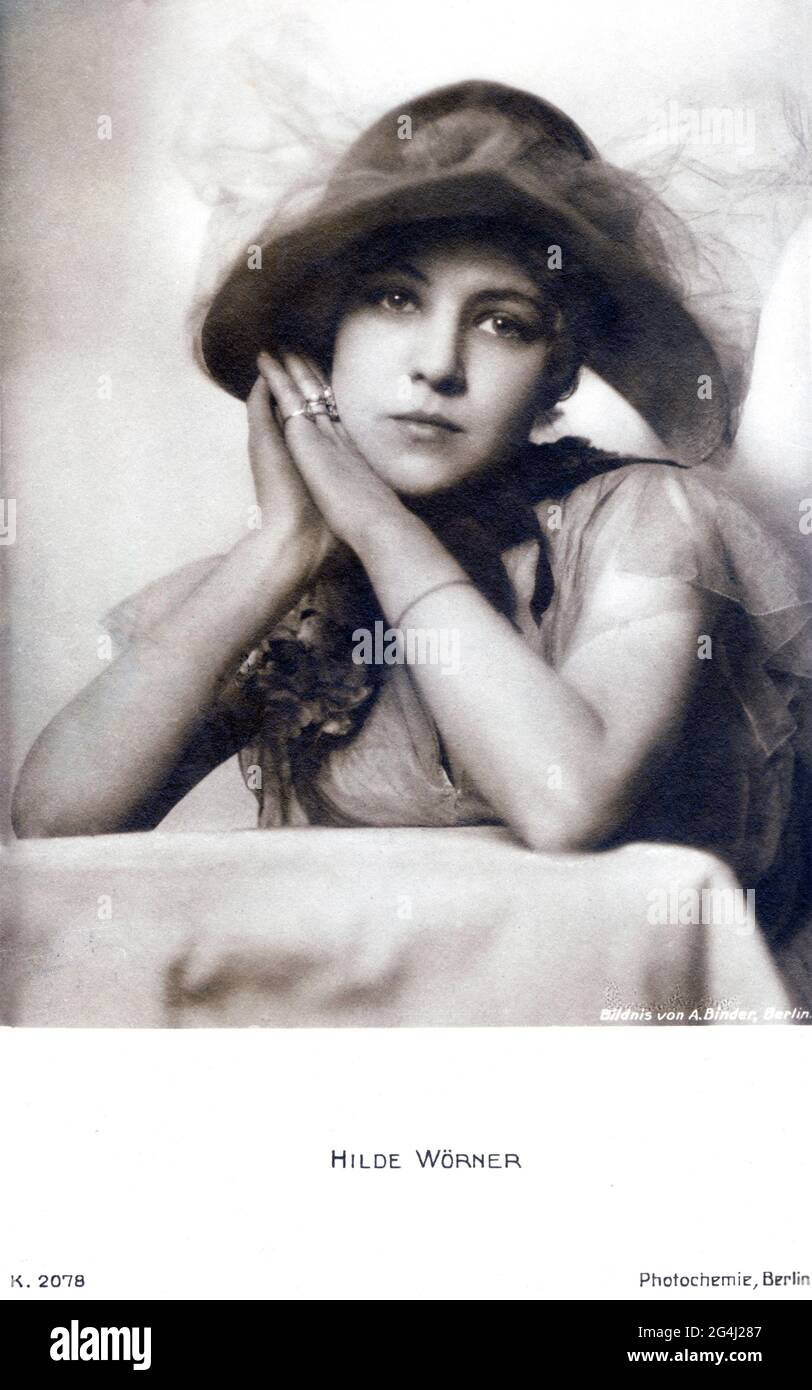 German Film Actress Hilde Worner, responsabile e spalle Pubblicità Ritratto, foto di A. Binder, Berlino, 1910's. Foto Stock