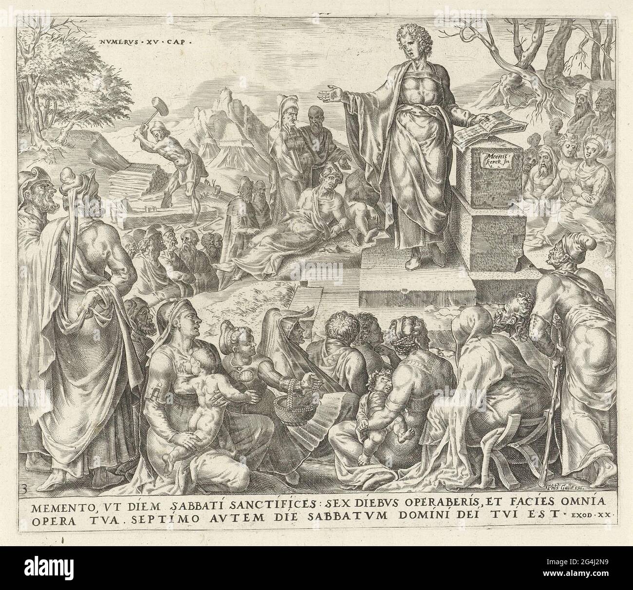 . Mentre gli Israeliti ascoltano il Sabbath ad un predicatore, un uomo ha guadagnato nel legno di sfondo. Poiché lavorava al Sabbath, fu messo a morte. La stampa fa parte di una serie di dieci comandamenti e mostra una violazione del terzo comandamento: Ricordate il giorno del Sabbath. In fondo al margine un riferimento al testo della Bibbia in latino. Foto Stock