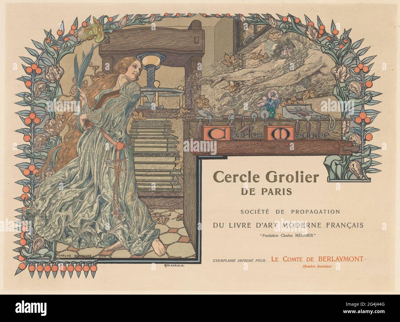 Poster per il Cercle Grolier de Paris. Per una pressa del libro una donna  con un libro nelle sue braccia e la maniglia di un iris sta levandosi in  piedi nella sua
