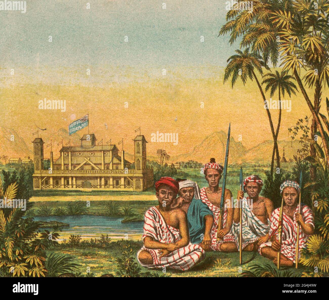 Stampa mostra una scena lungomare con il Karen Institute sulla sinistra e cinque Karen persone in abito tradizionale seduto a destra, 1861 Foto Stock
