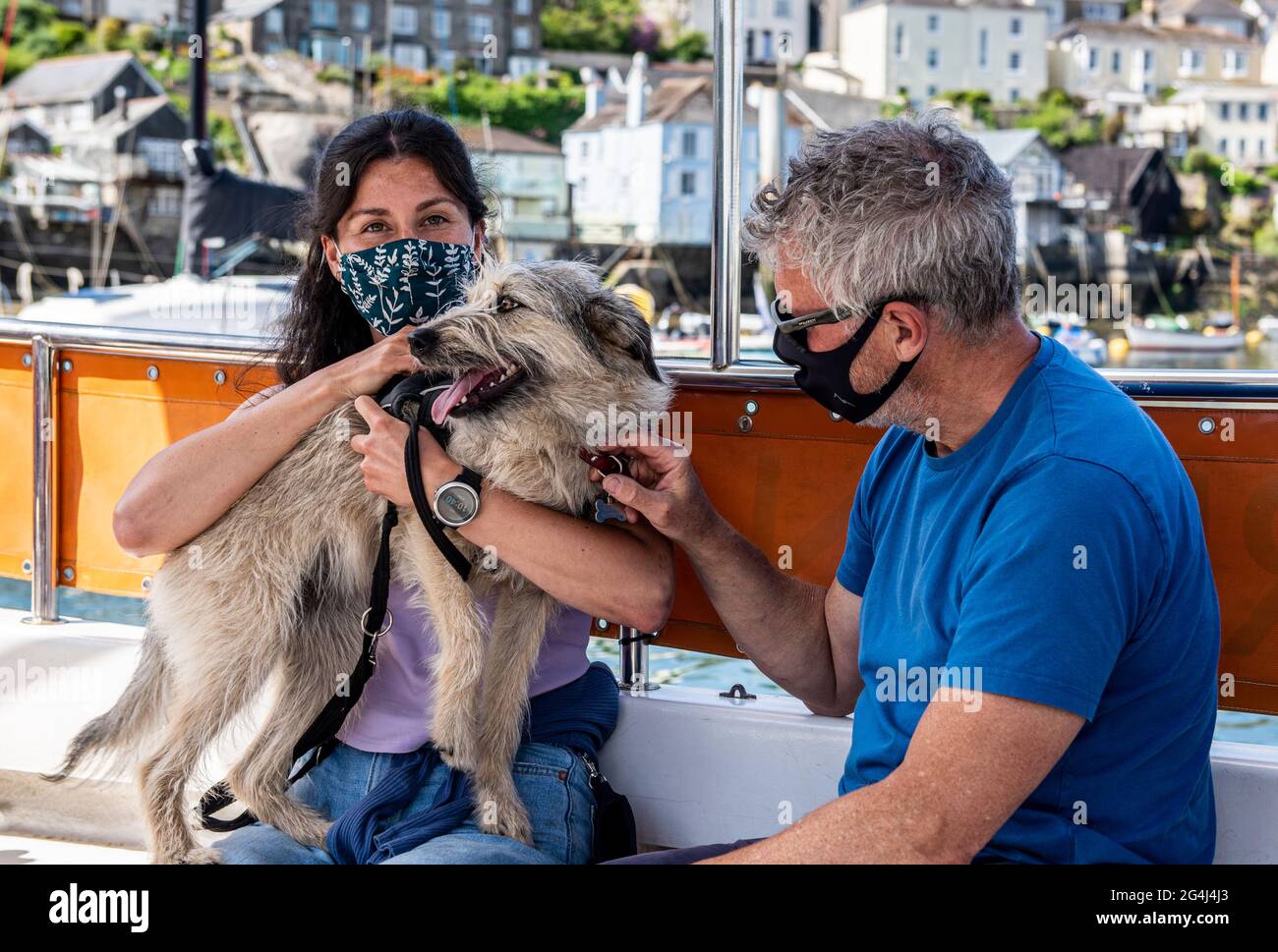 Coppia che indossa maschere in vacanza al mare con cane animale domestico, Polruan, Cornovaglia Foto Stock