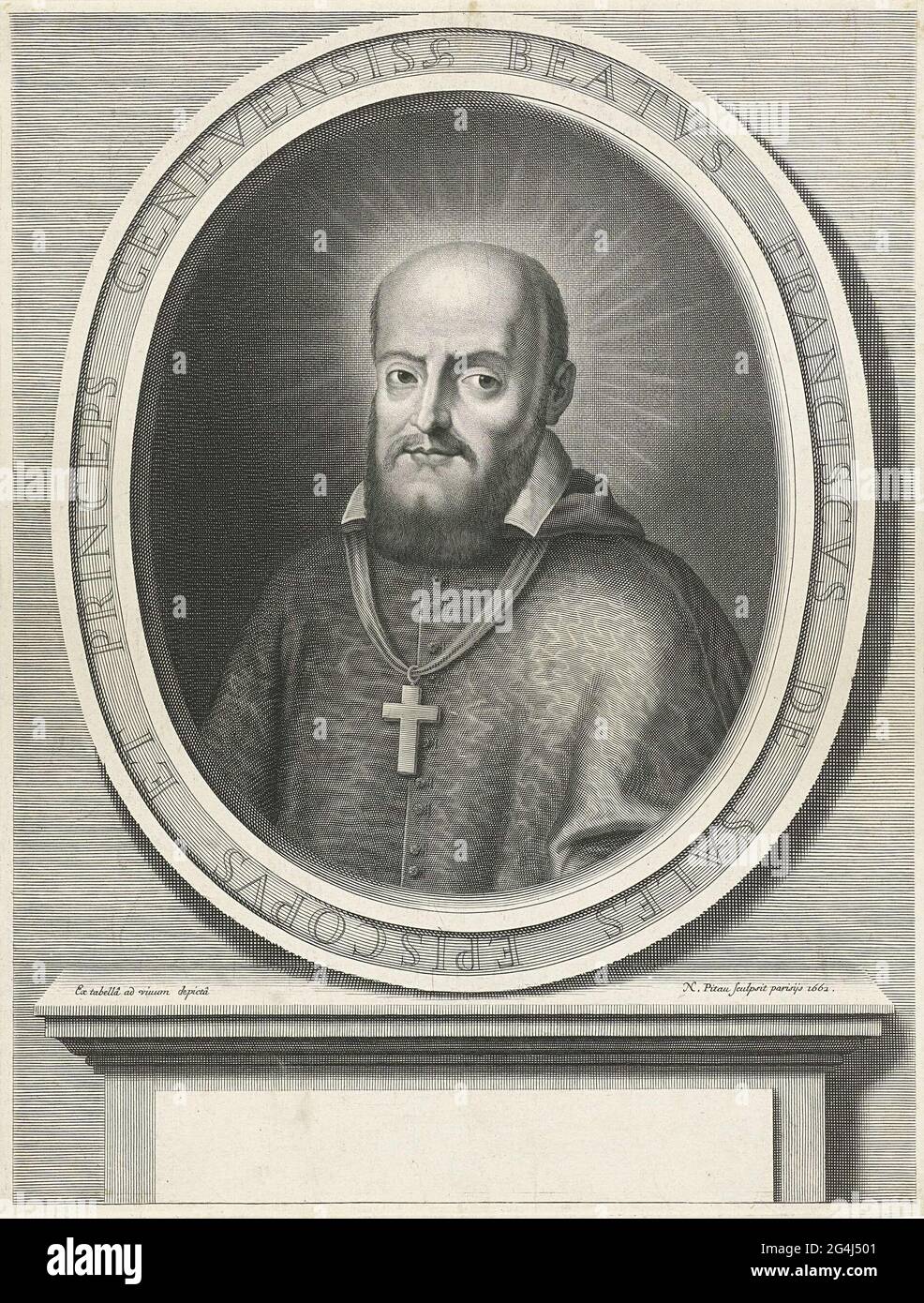 . Ritratto di Sales San Francesco, dietro la testa una vita. Era vescovo di Ginevra e Annecy e insegnante di Chiesa. Foto Stock