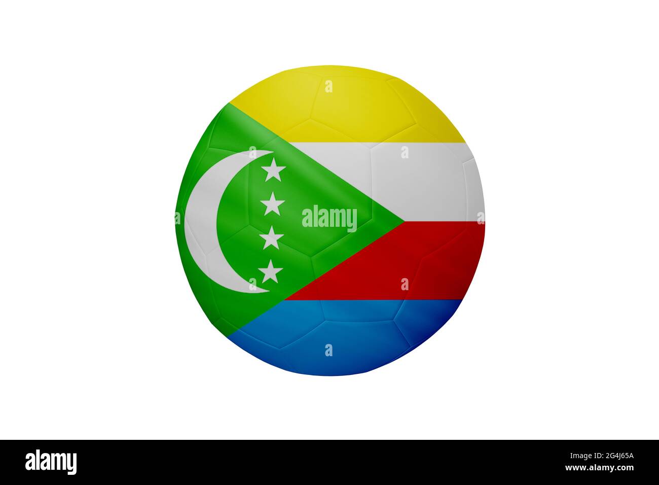 Calcio nei colori della bandiera delle Comore isolato su sfondo bianco. In un'immagine concettuale di campionato a sostegno delle Comore. Foto Stock