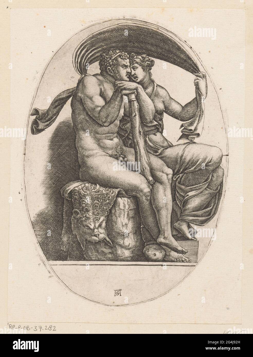 Ercole e Deianeira. Cercules e Deianeira seduti sulla pelle di leone di Ercole. Ercole si appoggia sui suoi nodi e Deianeira tiene un panno sopra le loro teste. Foto Stock