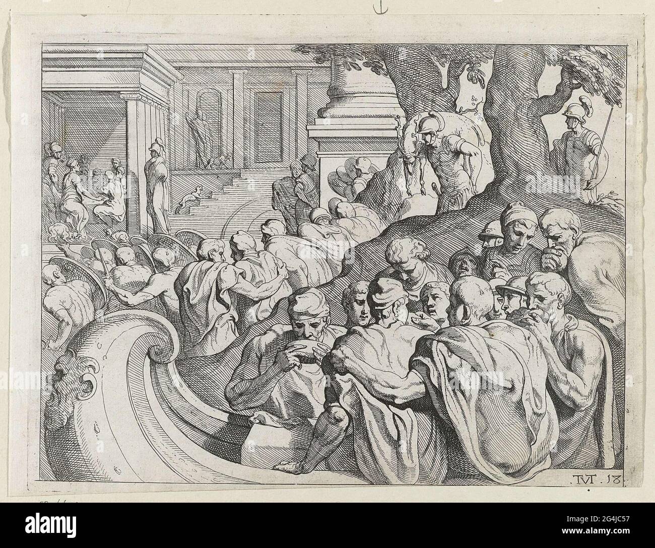 . Odysseo e i suoi uomini arrivano sull'isola di Circe. Sullo sfondo il Palazzo del Circe. Foto Stock