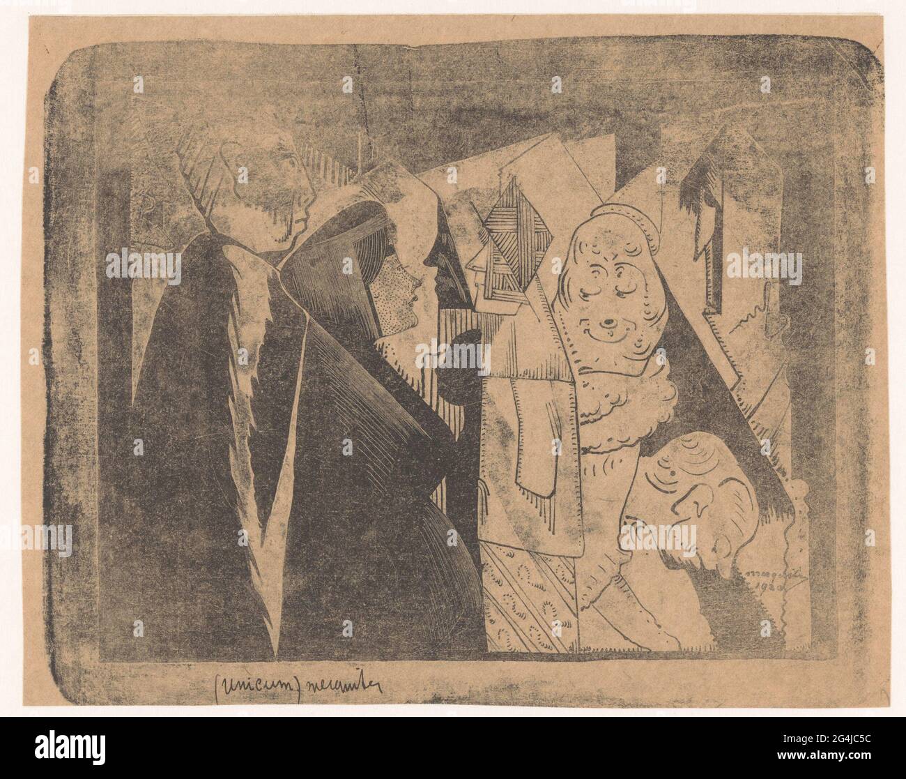 Fantasy: Varie figure, la seconda di sinistra una donna con faccia puntinata in profilo a destra. Varie figure, la seconda della sinistra una donna con faccia puntinata a destra. Foto Stock