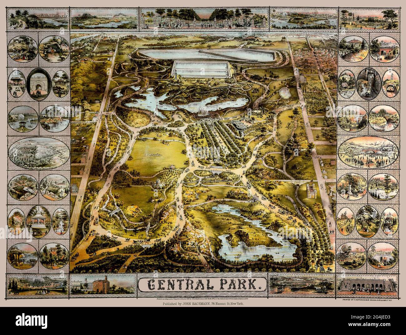 Central Park BirdsEye Vedi Mappa 1863. BirdsEye Visualizza la mappa di Central Park, una riproduzione restaurata e migliorata. Le vignette intorno al lato della mappa mostrano le caratteristiche principali del parco. Foto Stock