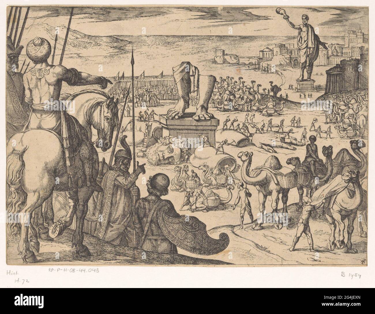Colos di Rodi; Septem Orbis Admiranda; le sette meraviglie del mondo. Vista sulla spiaggia di Rodi. C'è un esercito, operai e cammelli sulla spiaggia. Sullo sfondo la grande statua in bronzo è il Kolos di Rodi. Una seconda immagine viene posizionata in primo piano. Foto Stock
