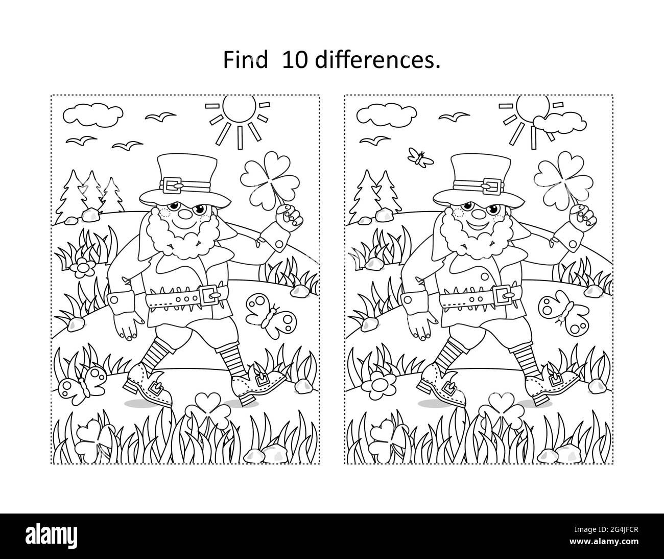 ПечатьSt Patrick's Day trova 10 differenze Visual puzzle e colorazione pagina con leprechaun felice trovato fortunato quatrefoil Foto Stock