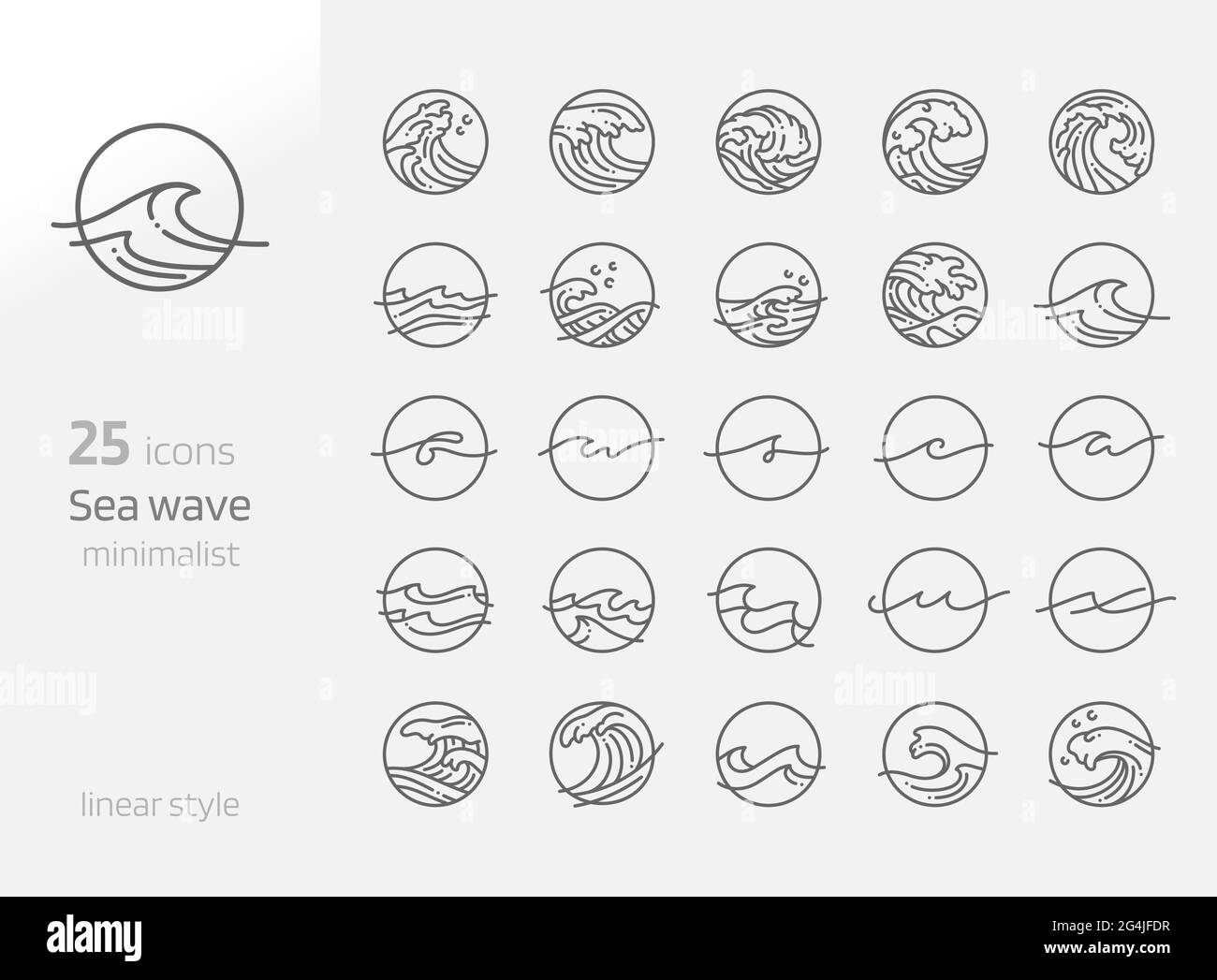 Linea dell'onda del mare illustrazione vettoriale minimalista dell'arte. Icona circolare oceano e simbolo e creatività concetto di disegno acqua linea alfabetica. Illustrazione Vettoriale