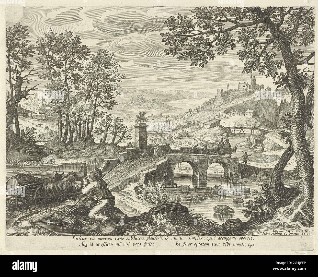 . Paesaggio fluviale con una scena dalla favola 'Ercole e l'alimentatore' di Aesopo. In primo piano un alimentatore si sta inginocchiando a terra. Ha piegato le mani in preghiera. Oltre a lui, carro di buoi che è caduto nel fango. Prega Ercole e chiede il suo aiuto. Un ponte su un fiume. Questa è l'immaginazione di un emblema, in cui la morale della storia prescrive che la preghiera è efficace solo se accompagnata dallo sforzo necessario. La stampa ha una didascalia in latino. Foto Stock