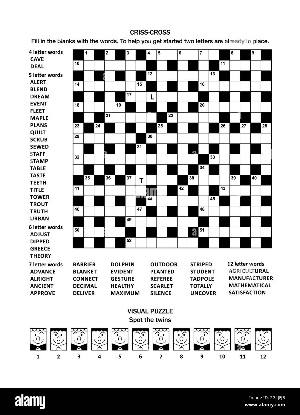 Pagina di puzzle con due puzzle: 19x19 cryss-cross (fill-in) crossword game (lingua inglese) e puzzle visivo con volti whimsical. Foto Stock