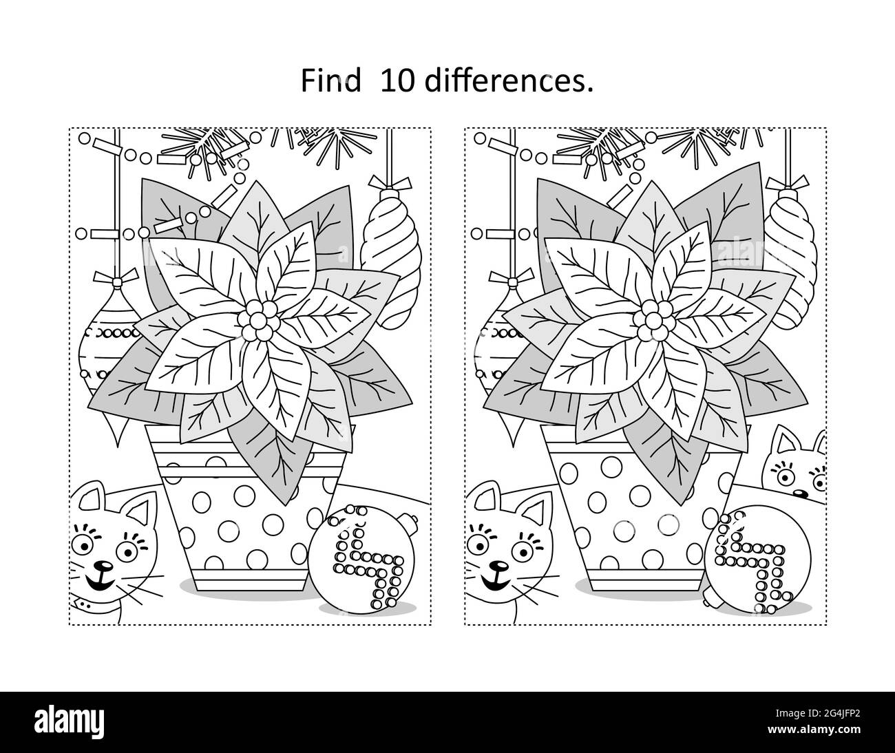 Trova 10 differenze puzzle visivo e colorazione pagina con poinsettia fiore nel piatto punteggiato Foto Stock