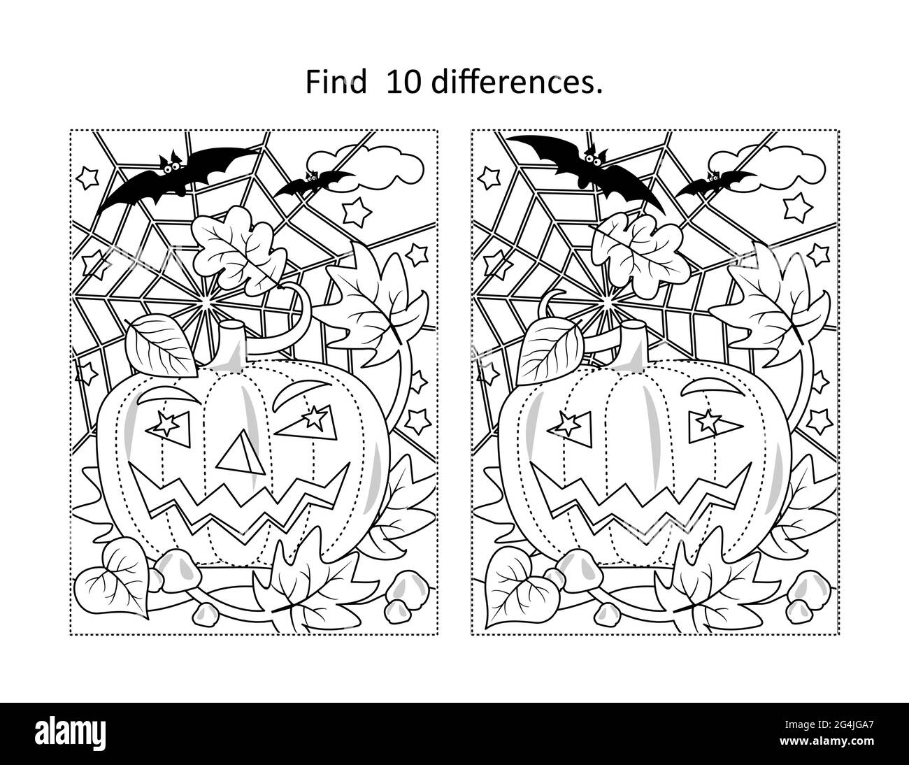 Trova 10 differenze puzzle visivo e pagina da colorare con zucca di Halloween, pipistrelli, spiderweb Illustrazione Vettoriale