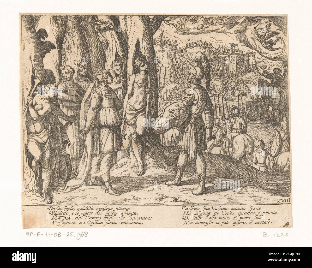 Illustrazione a canto XVIII della "Gerusalemme liberata" DI TASSO; Gerusalemme è alleviata (parte 2); Gerusalemme liberata (parte 2). Rinaldo è nella foresta per sette ninfe con strumenti musicali. Una battaglia si svolge sullo sfondo. Michaël de Arcangelo e altri angeli galleggiano sopra gli eserciti belligeranti. Regole italiane di tasso in due colonne in undermarge. Foto Stock Illustrazione a canto XVIII della "Gerusalemme liberata" DI TASSO; Gerusalemme è alleviata (parte 2); Gerusalemme liberata (parte 2). Rinaldo è nella foresta per sette ninfe con strumenti musicali. Una battaglia si svolge sullo sfondo. Michaël de Arcangelo e altri angeli galleggiano sopra gli eserciti belligeranti. Regole italiane di tasso in due colonne in undermarge. Foto Stock