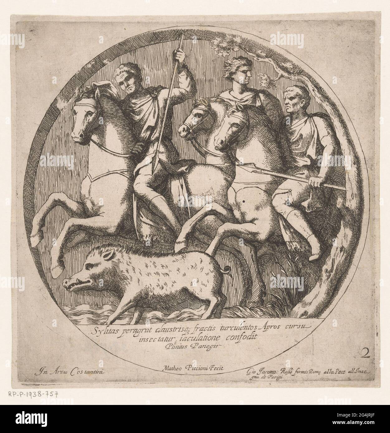 Yacht su un cinghiale; bassorilievi sull'Arco di Costantino. Medaglione con bassorilievo sull'Arco di Costantino a Roma. Tre uomini a cavallo cacciano un cinghiale. In fondo al medaglione un triplice testo in latino. Numerato in basso a destra: 2. Foto Stock