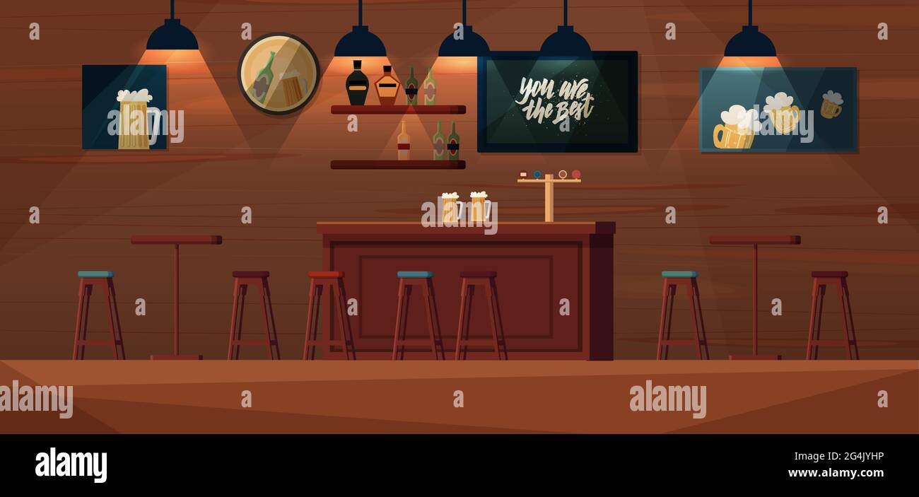 Interno del vettore di cartone animato della birra bar. Bancone bar, ripiani con bottiglie di alcol, tavoli e sedie. Illustrazione Vettoriale