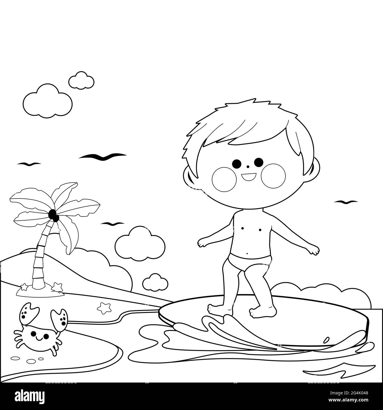 Bambini in spiaggia a surf su un'onda in mare. Pagina da colorare in bianco e nero Foto Stock
