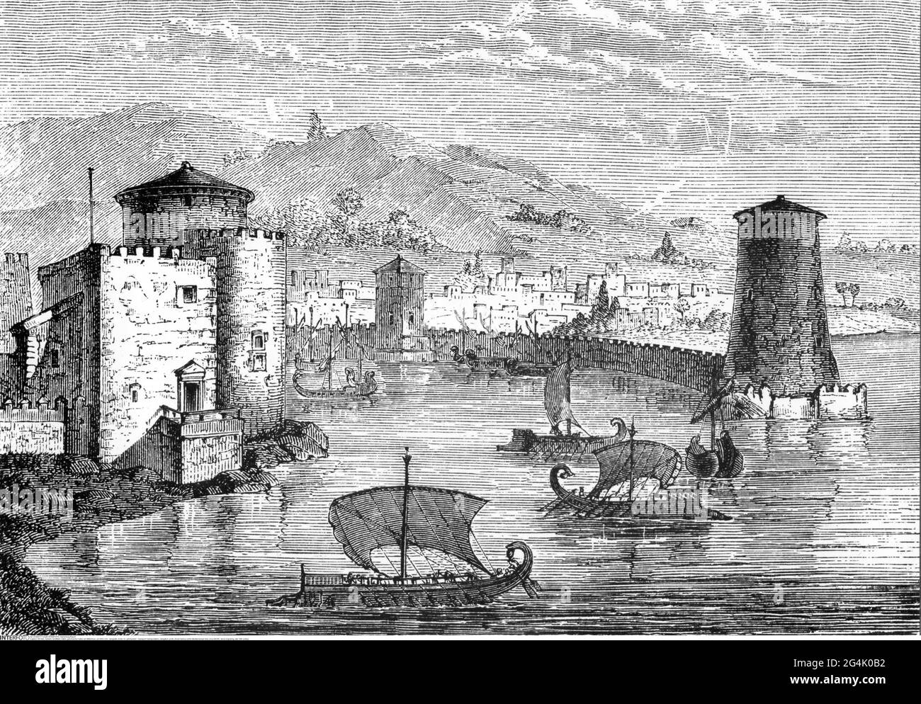 Trasporto / trasporto, navigazione, porti, porto greco al Mar Mediterraneo, circa 600 AC, ARTISTA DEL DIRITTO D'AUTORE NON DEVE ESSERE LIQUIDATO Foto Stock