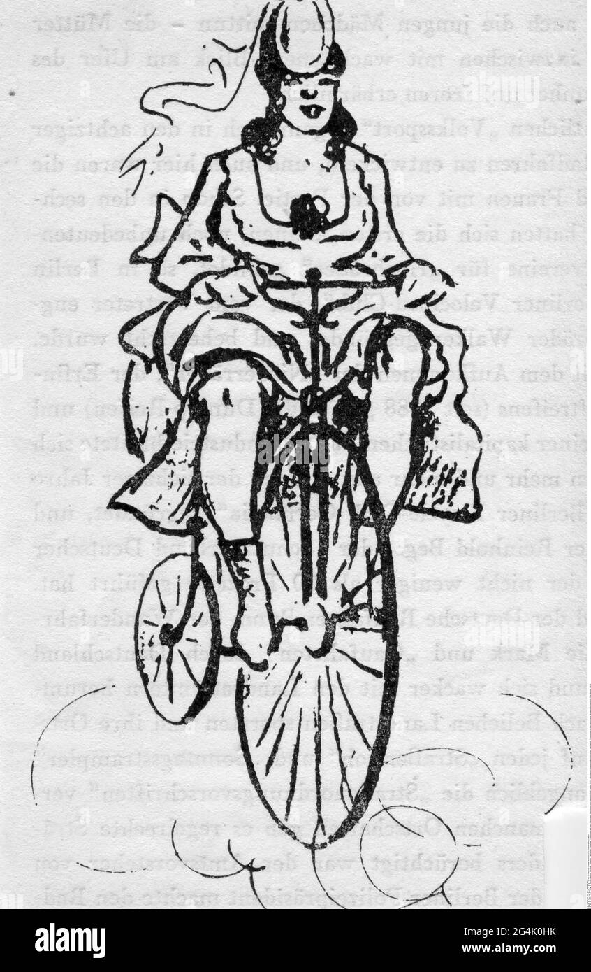 Trasporto / trasporto, biciclette, caricature, Thusnelda sulla velocipede, disegno di Heinrich Zille, IL COPYRIGHT DELL'ARTISTA NON DEVE ESSERE CANCELLATO Foto Stock