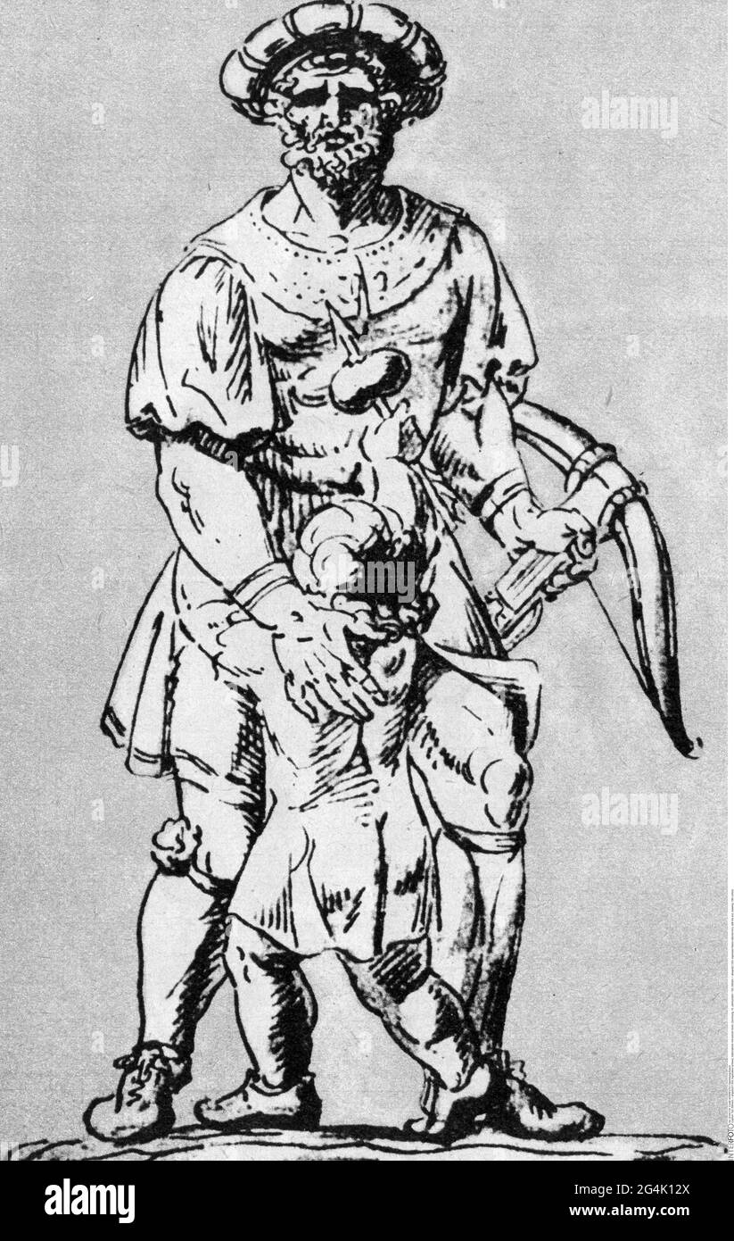 Tell, William, + presumibilmente 1354, leggendario eroe nazionale svizzero, con suo figlio, disegno, 19 ° secolo, IL COPYRIGHT DELL'ARTISTA NON DEVE ESSERE CHIARITO Foto Stock