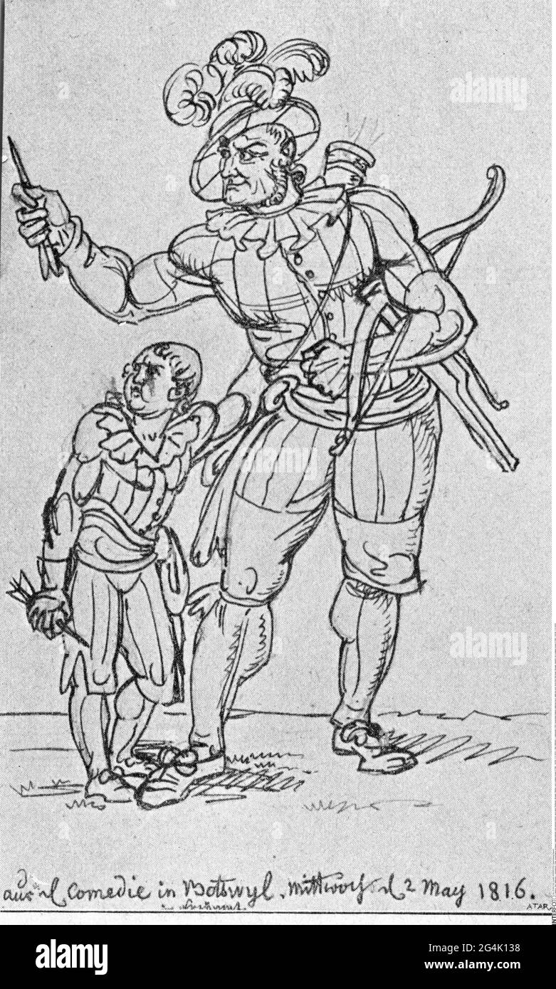 Tell, William, + presumibilmente 1354, leggendario eroe nazionale svizzero, con suo figlio, dal gioco Tell, Boswil, ARTISTA DEL DIRITTO D'AUTORE NON DEVE ESSERE ELIMINATO Foto Stock