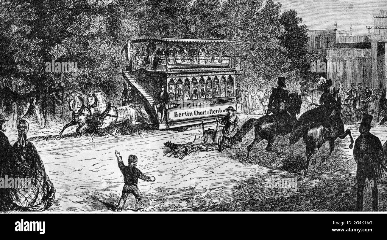 Trasporto / trasporto, tram, tram, tram, primo tram a cavallo da Berlino a Charlottenburg, giugno 1865, IL DIRITTO D'AUTORE DELL'ARTISTA NON DEVE ESSERE CANCELLATO Foto Stock