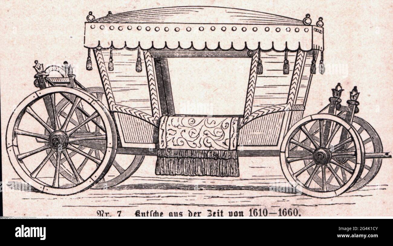Trasporto / trasporto, pullman, caroche dal 1610 al 1660, incisione in legno, Germania, IL COPYRIGHT DELL'ARTISTA NON DEVE ESSERE ELIMINATO Foto Stock