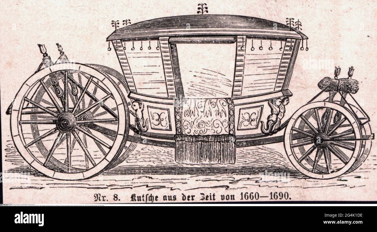 Trasporto / trasporto, pullman, caroche dal 1660 al 1690, incisione in legno, Germania, IL COPYRIGHT DELL'ARTISTA NON DEVE ESSERE ELIMINATO Foto Stock