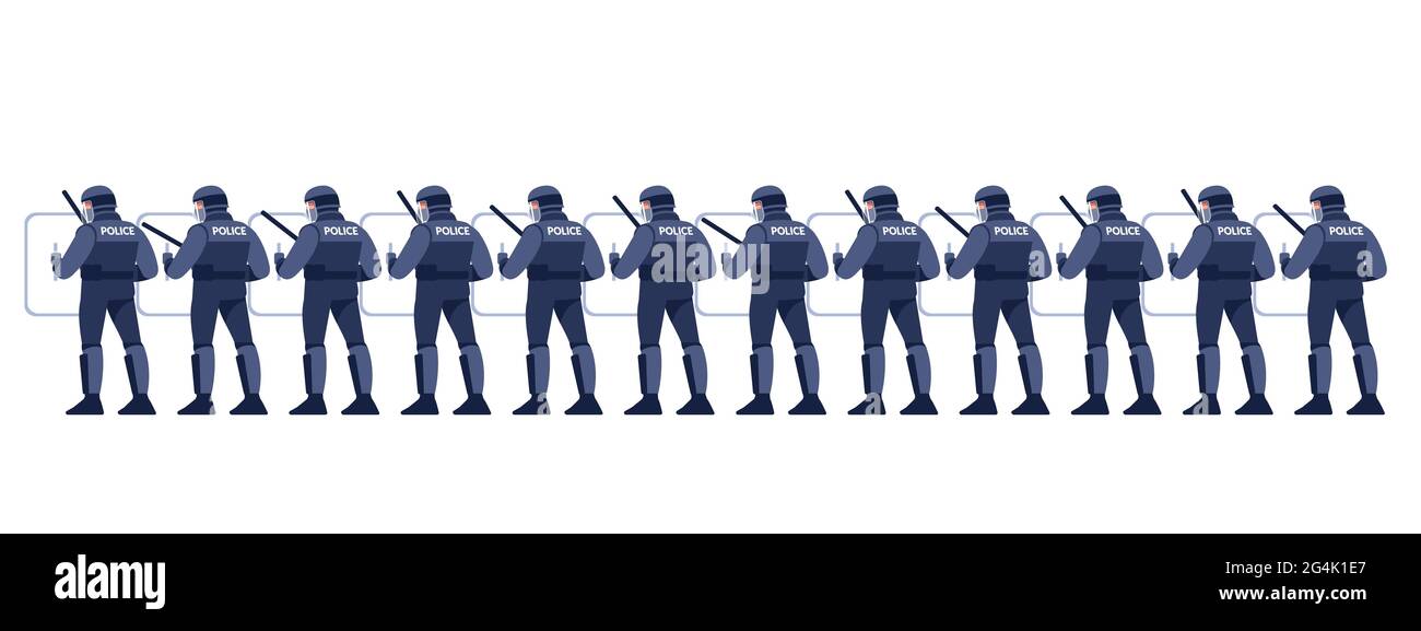 Polizia a Riot Gear Holding the Line. Gruppo di polizia antisommossa con dispositivi di protezione e scudi. Caratteri cartoni animati immagine vettoriale in stile piatto isolata Illustrazione Vettoriale