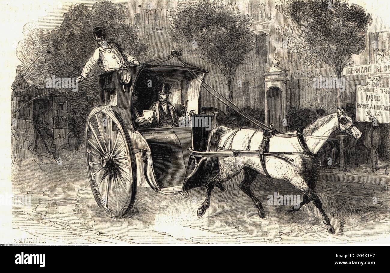 Trasporto, pullman, carrozza hackney, cabina di sicurezza Hansom, incisione in legno, INGHILTERRA, 1863, IL COPYRIGHT DELL'ARTISTA NON DEVE ESSERE ELIMINATO Foto Stock