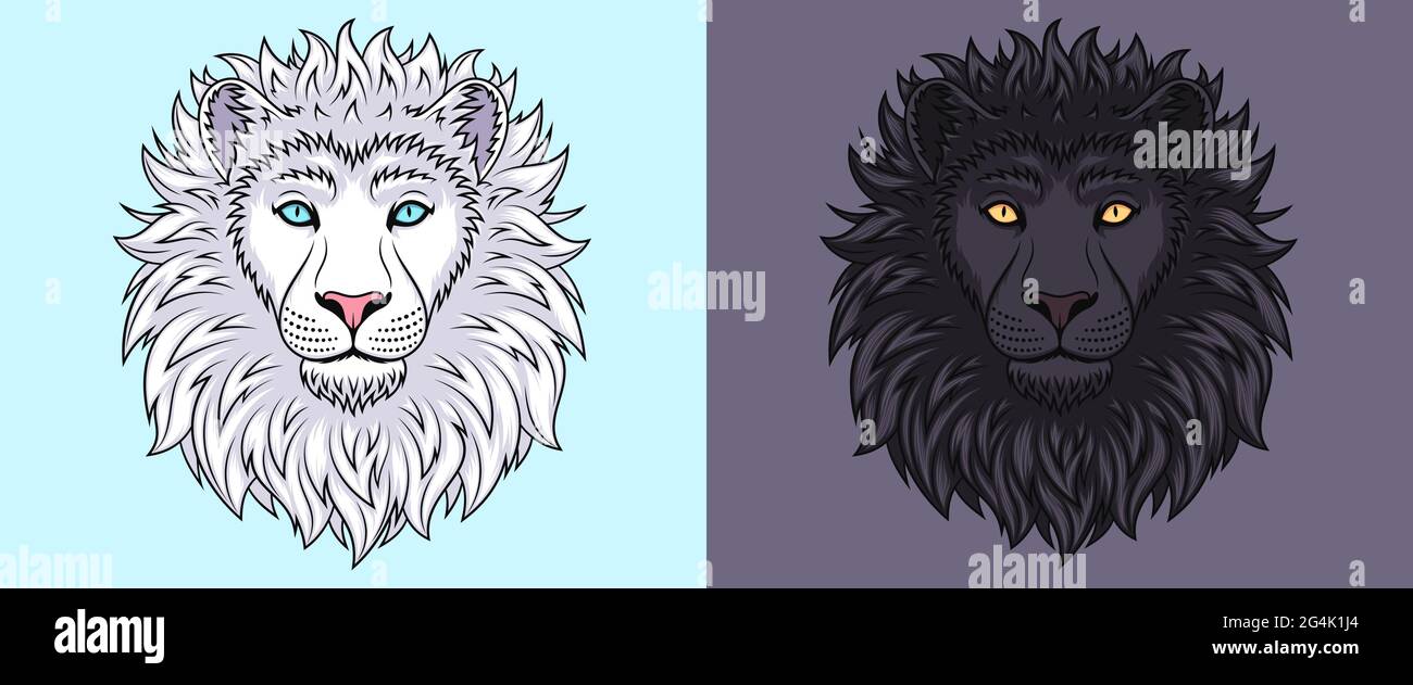 Testa leone bianca e nera con occhi blu e dorati, faccia leone isolata. Gatto selvatico predatorio. Lion silhouette, logo e mascotte. Illustrazione vettoriale per Illustrazione Vettoriale